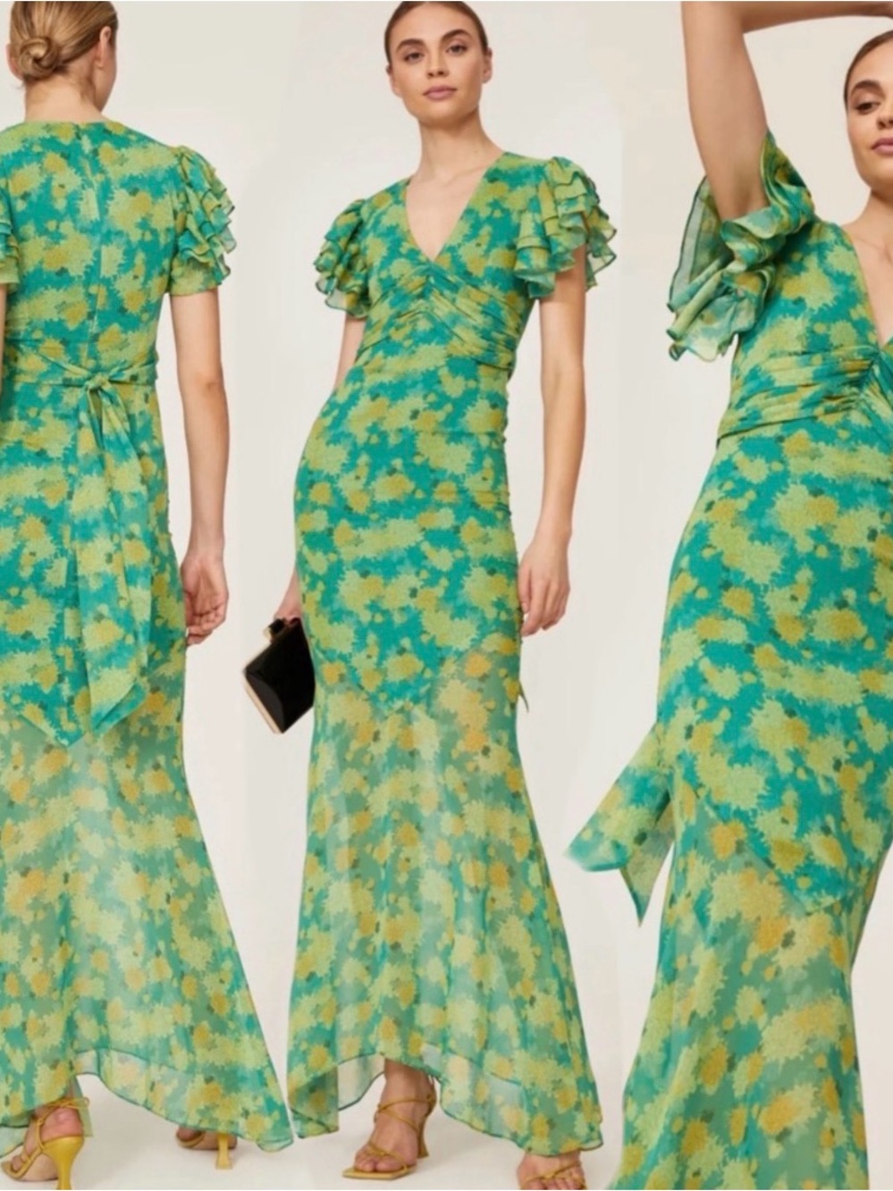 De La Vali 
Palmera Green Floral V-Neck Ruffle-Sleeve Maxi Dress size US 6.